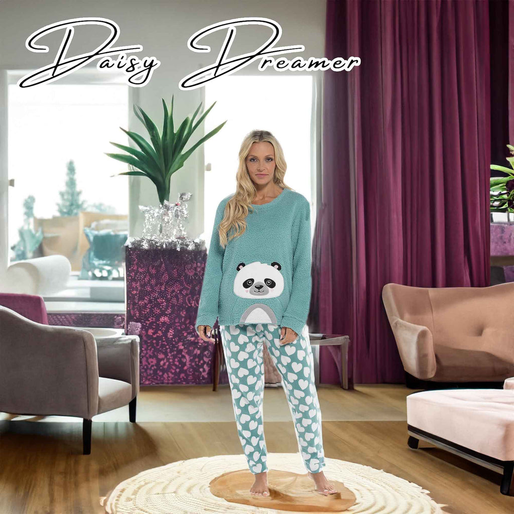Women's Ultra-Soft Panda Snuggle Fleece Pyjama Set with Long Sleeve Top and Elasticated Bottoms for Lounging and Sleepwear