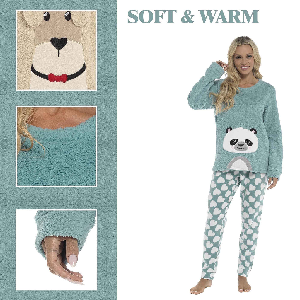 Women's Ultra-Soft Panda Snuggle Fleece Pyjama Set with Long Sleeve Top and Elasticated Bottoms for Lounging and Sleepwear