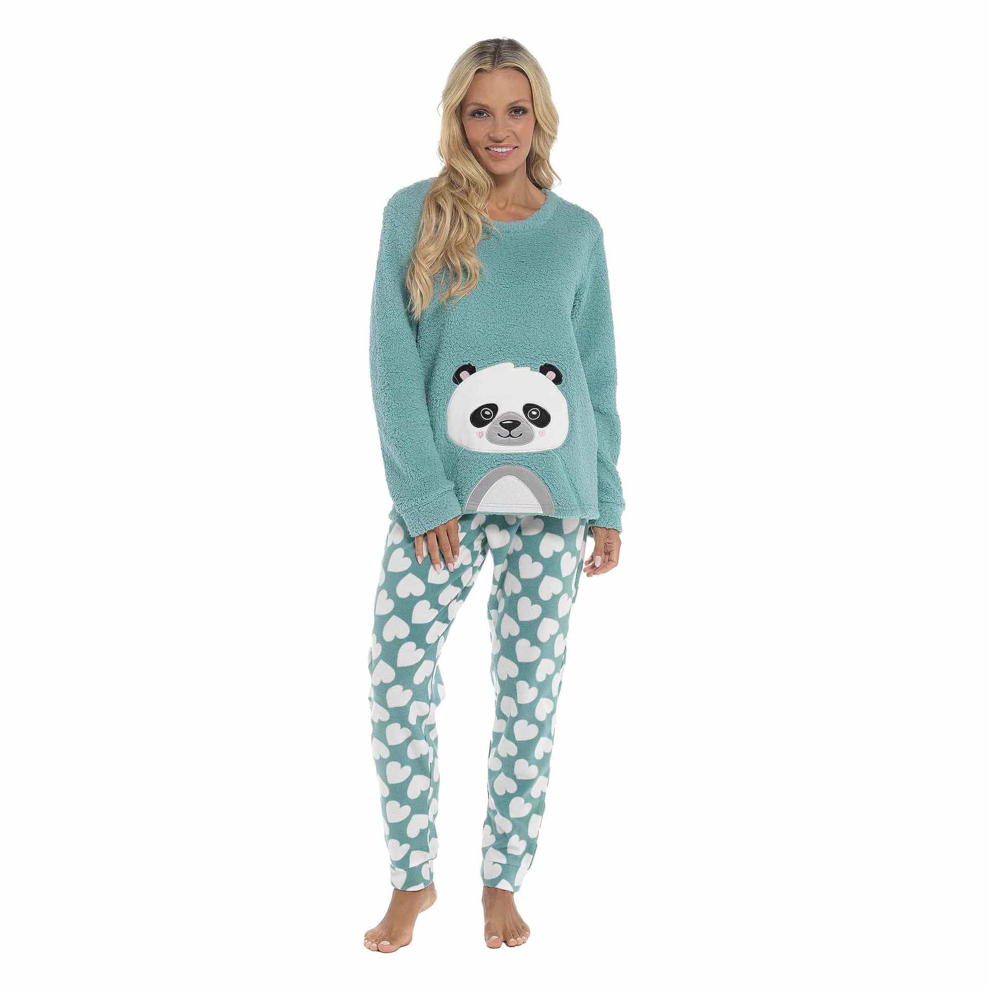 Women's Ultra-Soft Panda Snuggle Fleece Pyjama Set with Long Sleeve Top and Elasticated Bottoms for Lounging and Sleepwear