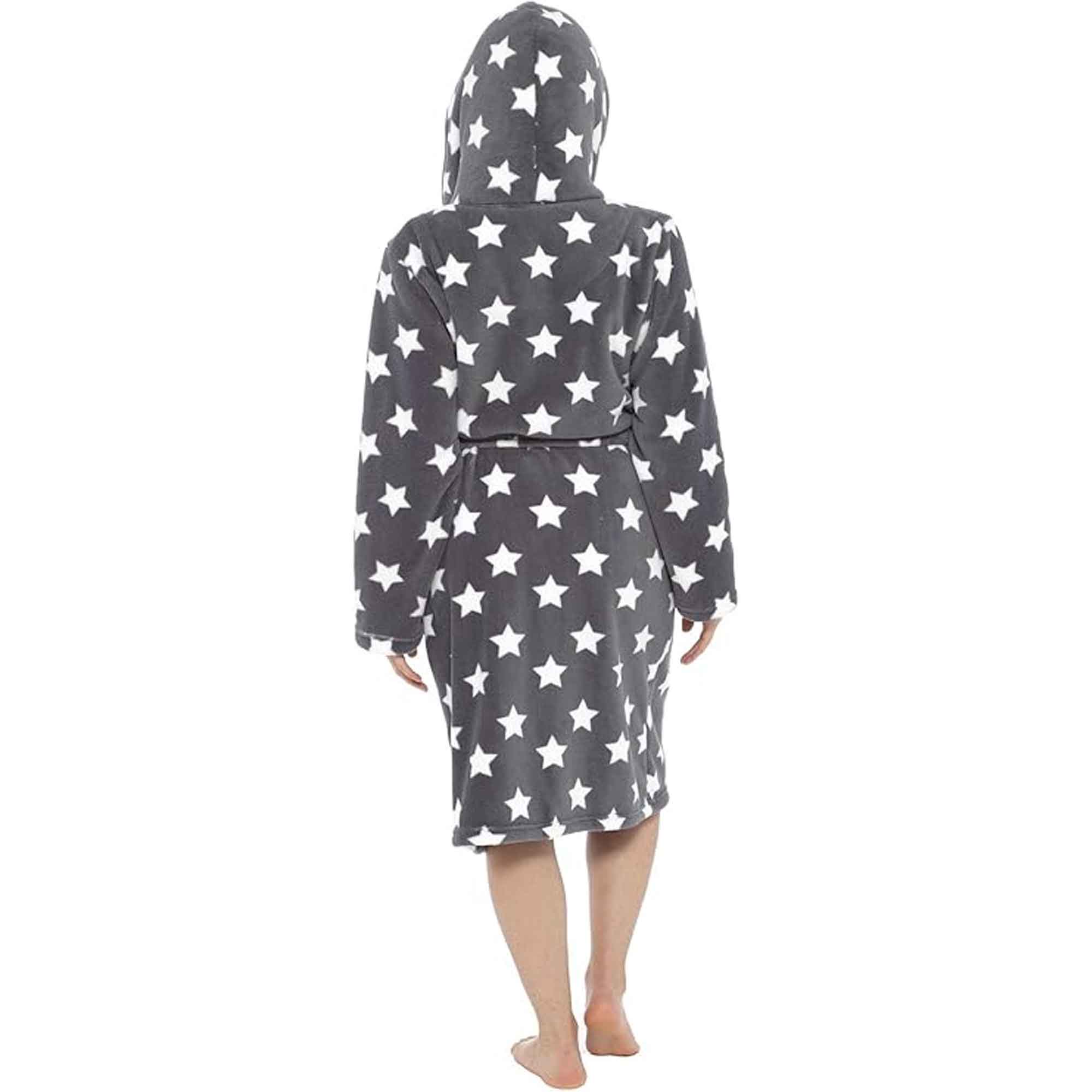 Women's Ultra Soft Plush Fleece Hooded Dressing Gown with Sherpa Lining Star Patterned Cozy Loungewear Nightwear Available in Sizes Small to X Large