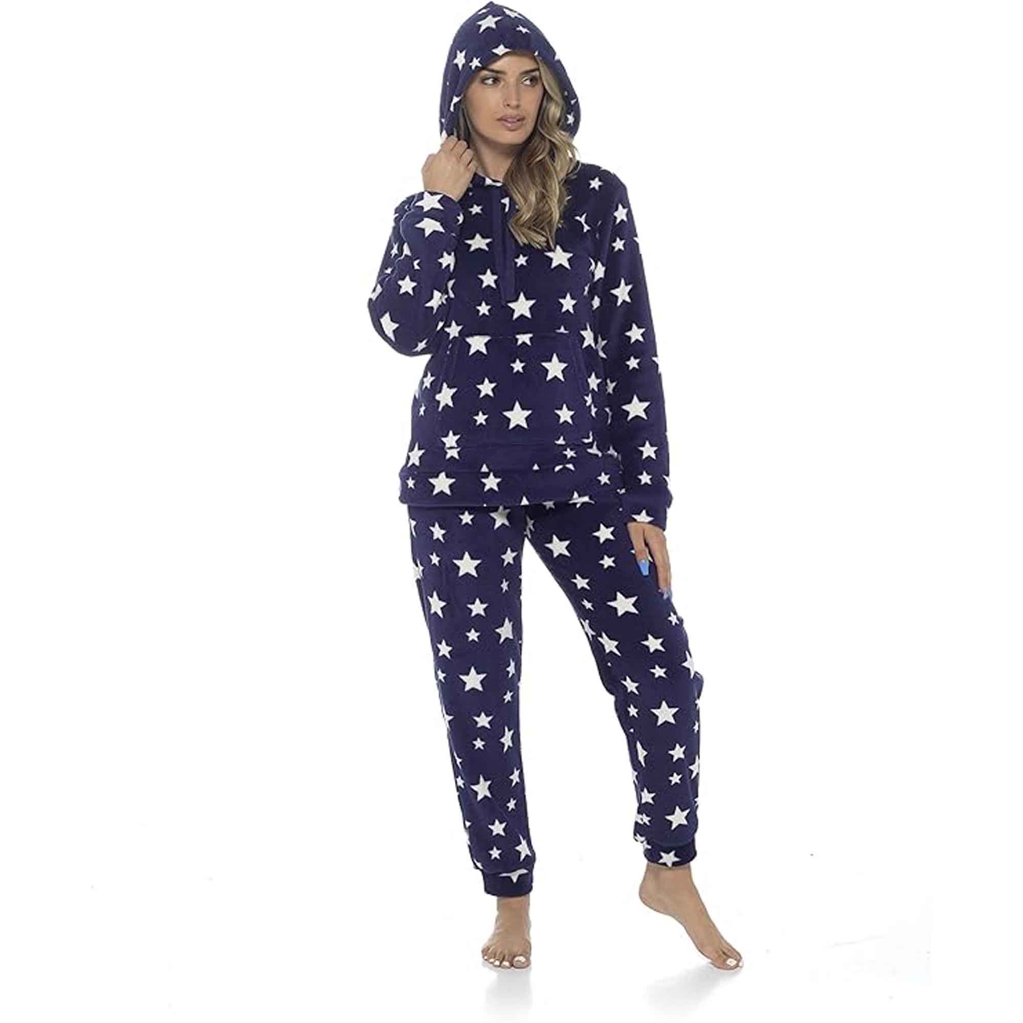 Women's Ultra-Soft Plush Fleece Hooded Pyjama Set with Star Design Cozy Nightwear Stretchable Loungewear Ideal Gift Multiple Sizes and Colors