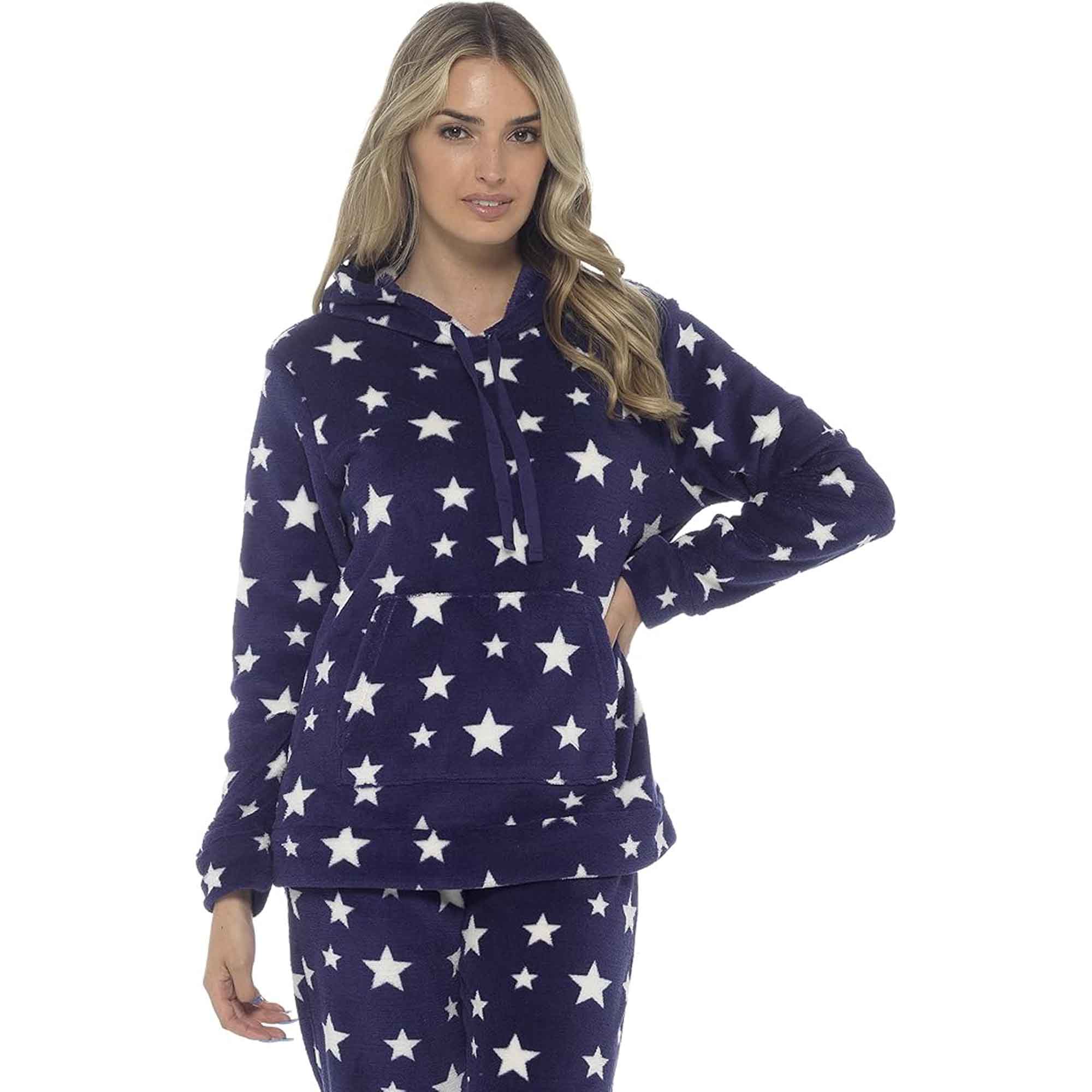 Women's Ultra-Soft Plush Fleece Hooded Pyjama Set with Star Design Cozy Nightwear Stretchable Loungewear Ideal Gift Multiple Sizes and Colors