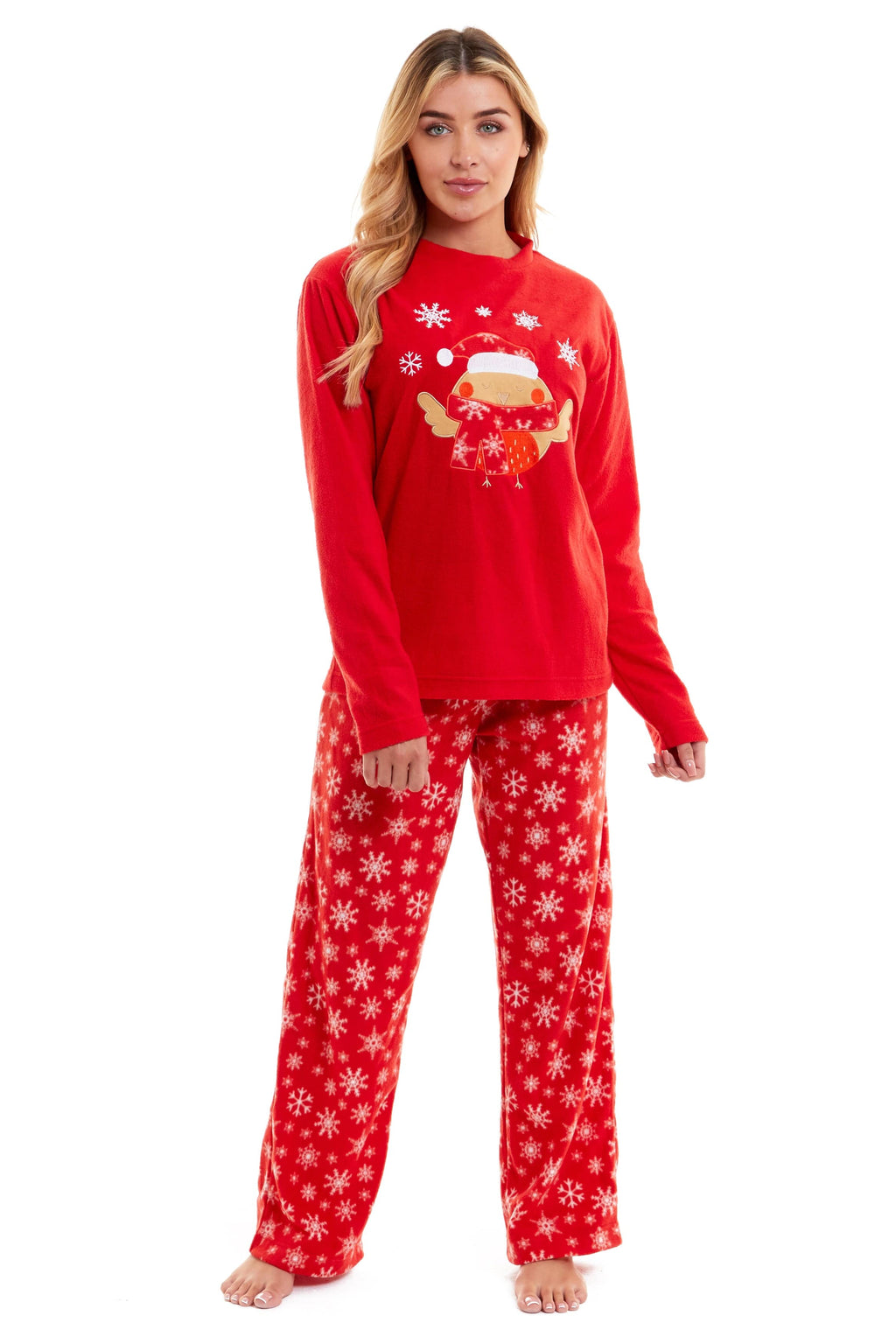 Women's Ultra Soft Polar Fleece Pyjama Set with Festive Robin Design Warm Winter Nightwear Comfortable Loungewear Christmas Gift