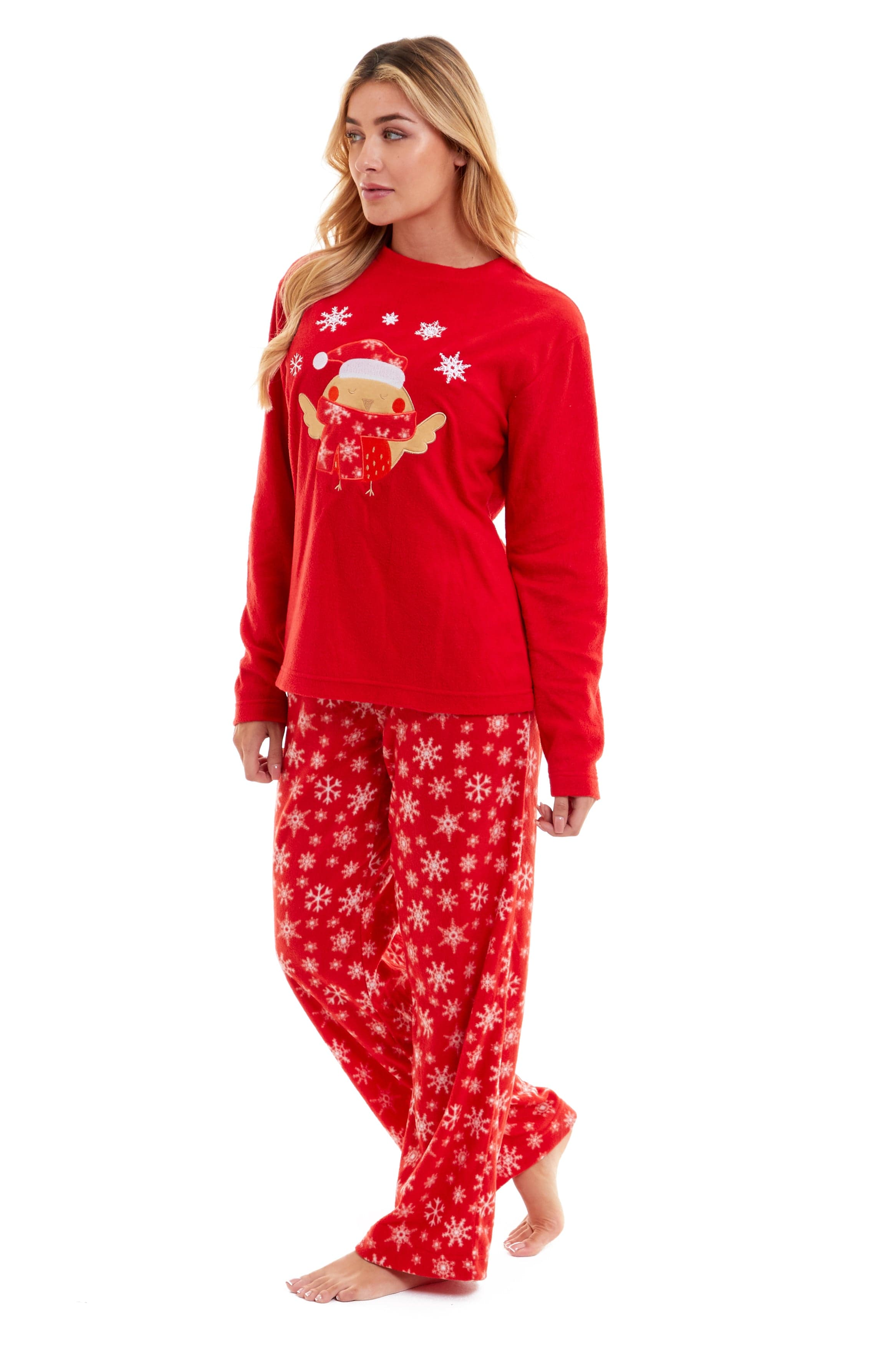 Women's Ultra Soft Polar Fleece Pyjama Set with Festive Robin Design Warm Winter Nightwear Comfortable Loungewear Christmas Gift