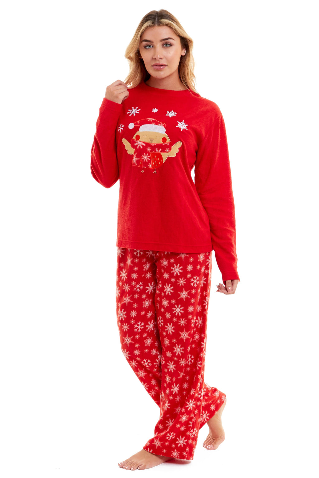 Women's Ultra Soft Polar Fleece Pyjama Set with Festive Robin Design Warm Winter Nightwear Comfortable Loungewear Christmas Gift