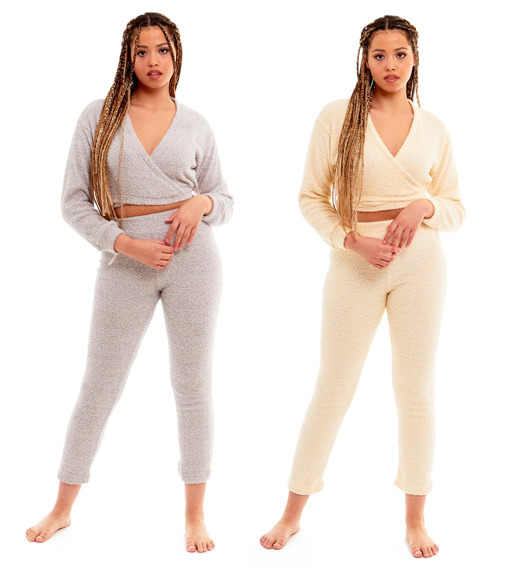 Women's Ultra-Soft Teddy Fleece Loungewear Set with Wrap Top and Stretch Pants Ideal for Lounge and Nightwear