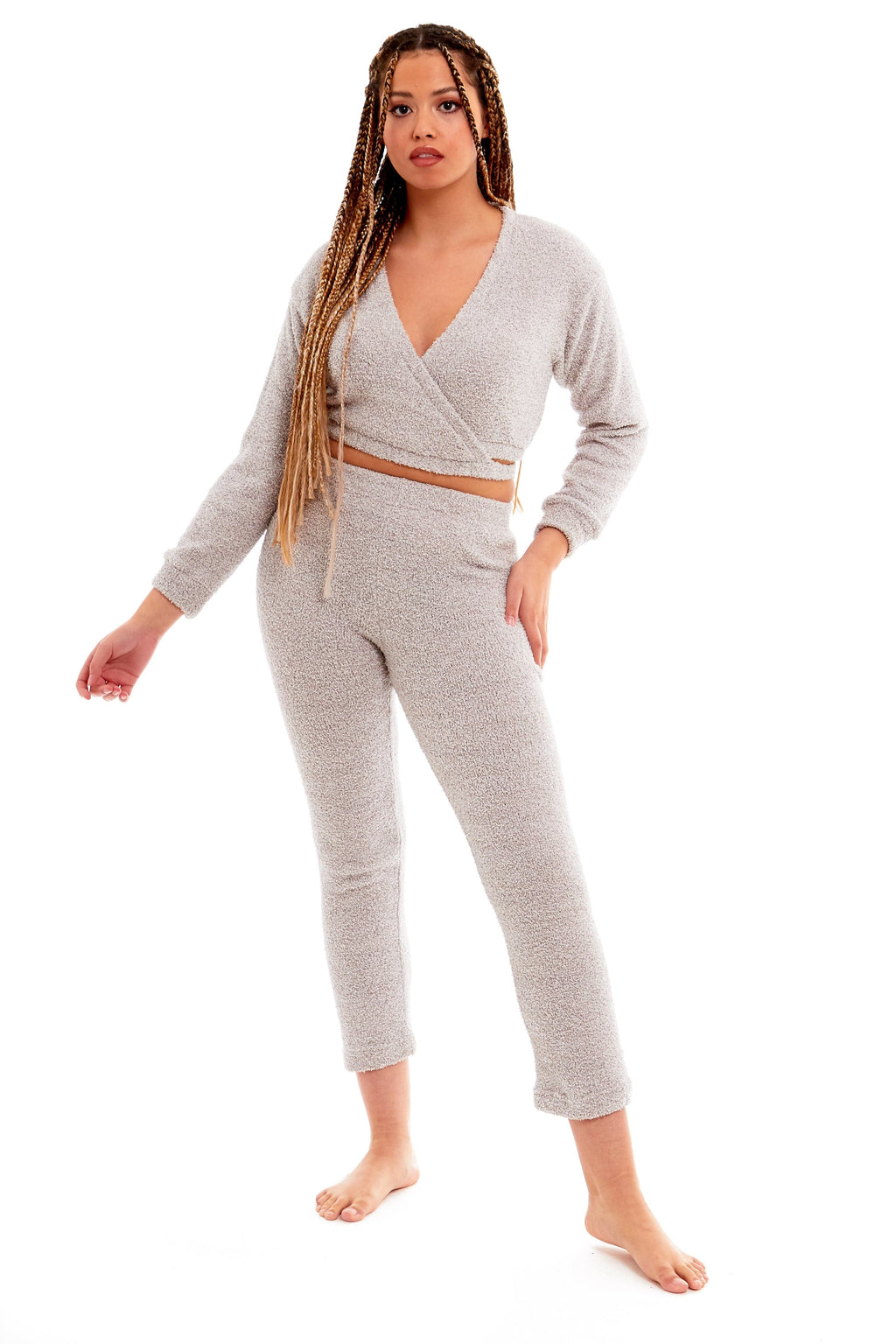 Women's Ultra-Soft Teddy Fleece Loungewear Set with Wrap Top and Stretch Pants Ideal for Lounge and Nightwear