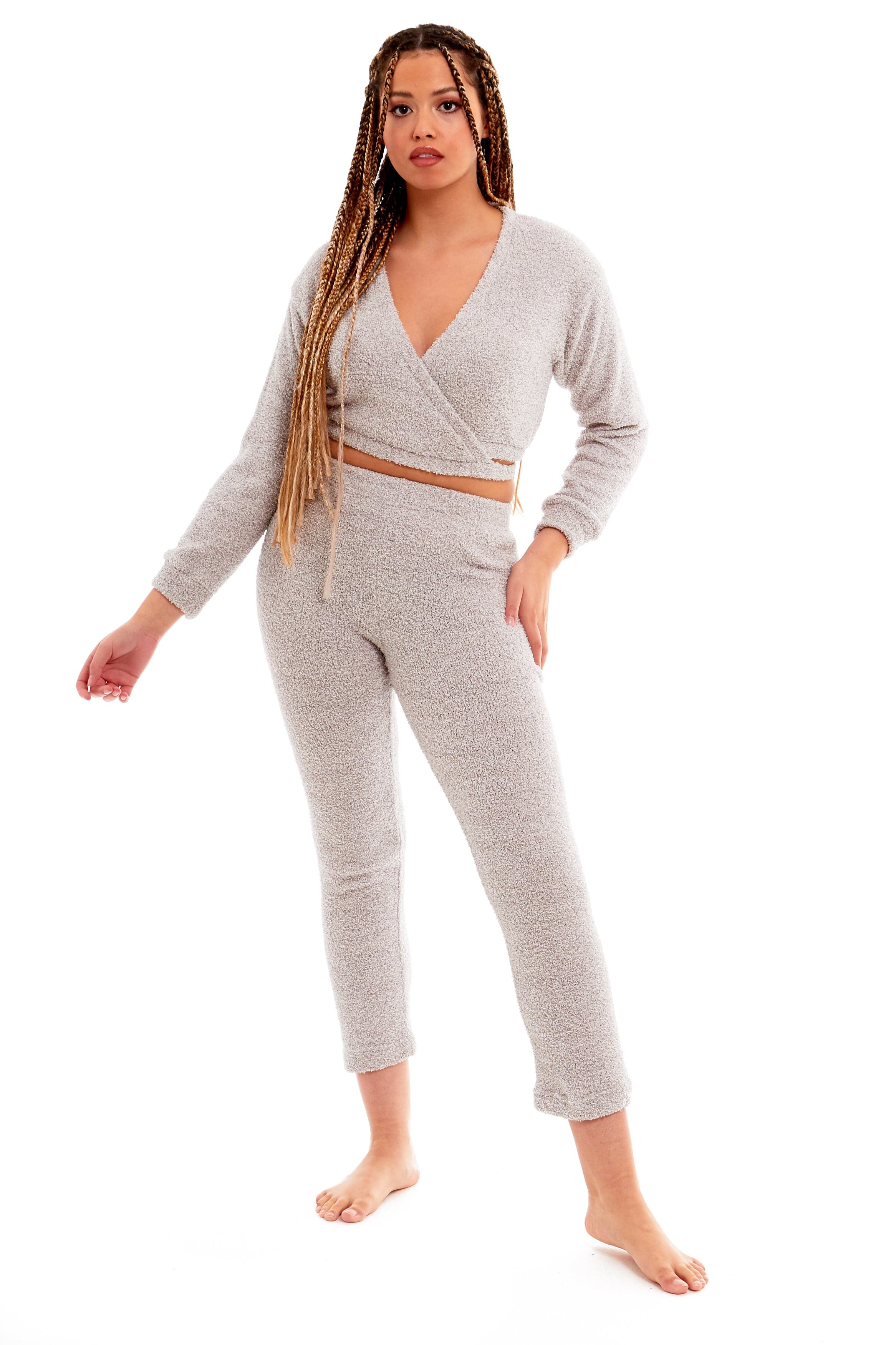 Women's Ultra-Soft Teddy Fleece Loungewear Set with Wrap Top and Stretch Pants Ideal for Lounge and Nightwear
