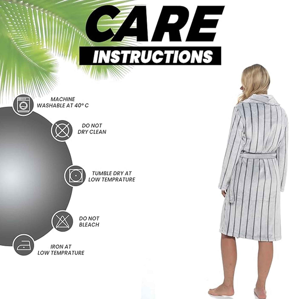 Women's Ultra Soft Velvet Fleece Hooded Bathrobe with Shawl Collar Shadow Stripe Design Grey and Charcoal All Sizes