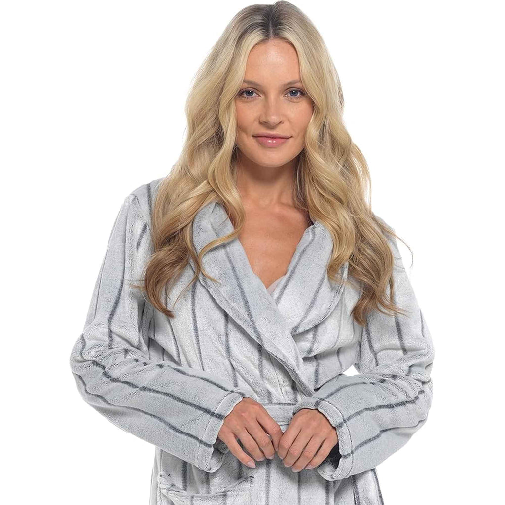 Women's Ultra Soft Velvet Fleece Hooded Bathrobe with Shawl Collar Shadow Stripe Design Grey and Charcoal All Sizes