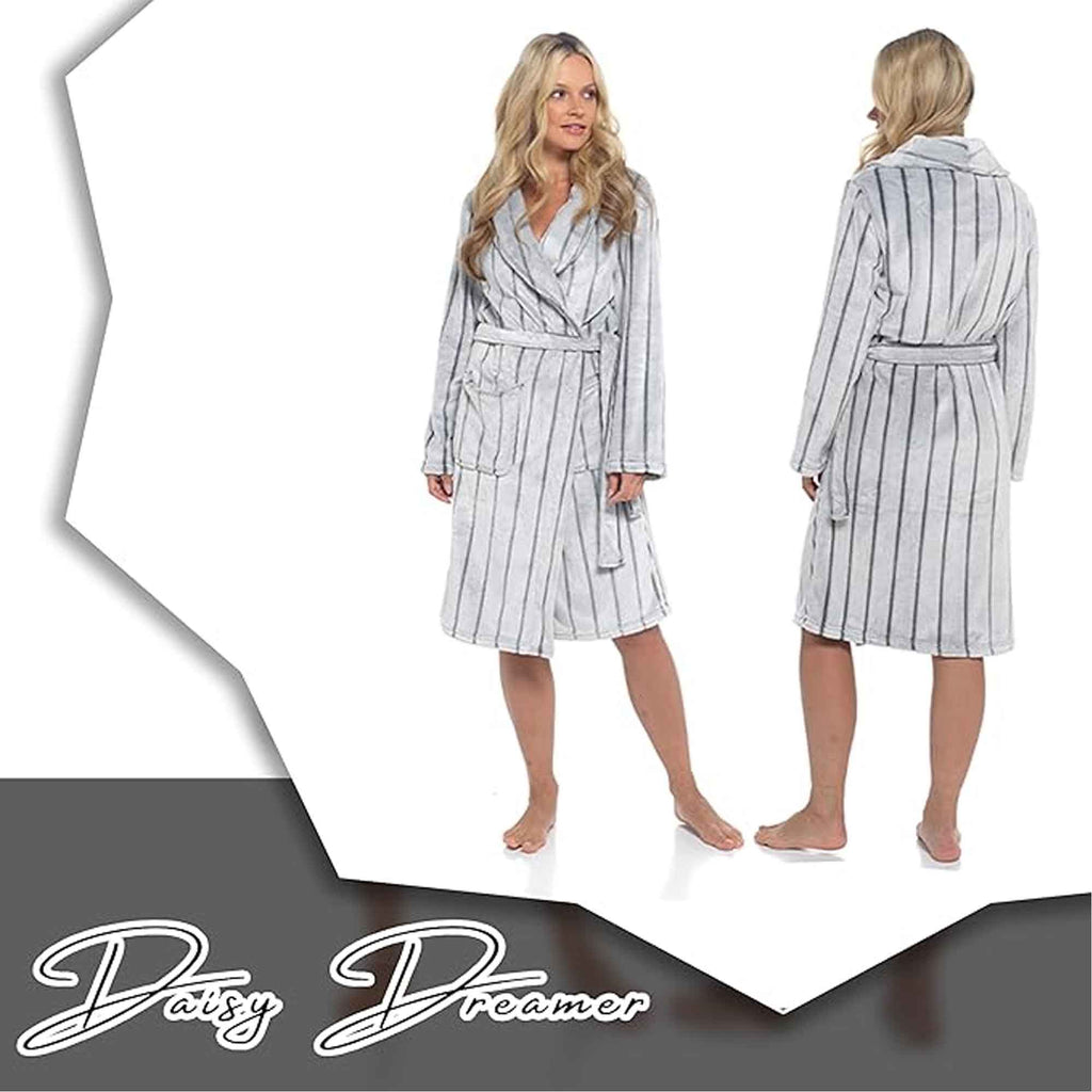 Women's Ultra Soft Velvet Fleece Hooded Bathrobe with Shawl Collar Shadow Stripe Design Grey and Charcoal All Sizes