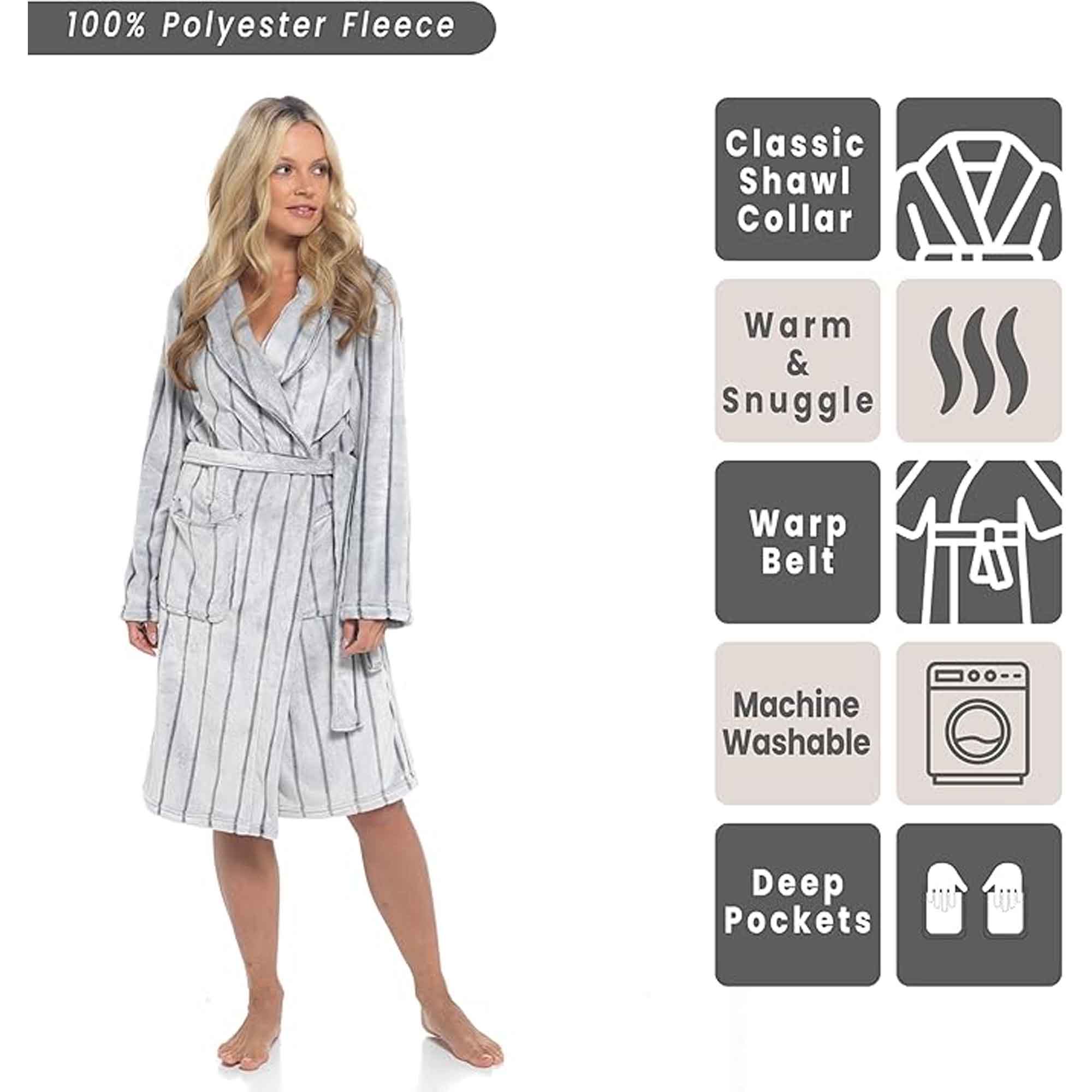 Women's Ultra Soft Velvet Fleece Hooded Bathrobe with Shawl Collar Shadow Stripe Design Grey and Charcoal All Sizes