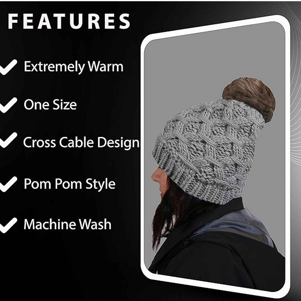 Women's Waterproof Thinsulate Insulated Chunky Beanie Winter Hat with Pom Pom Bobble Warm Cable Knit Ideal for Skiing and Hiking