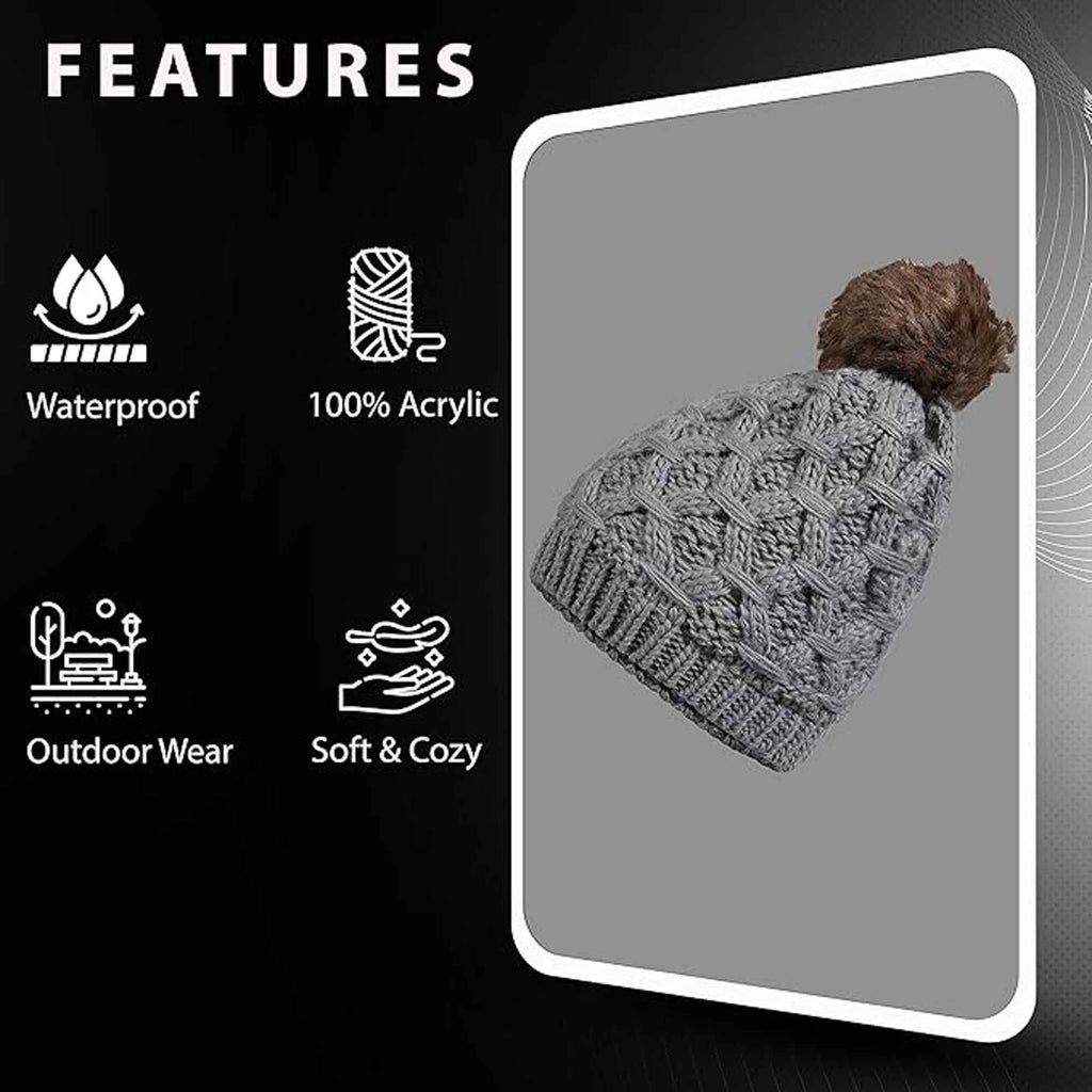 Women's Waterproof Thinsulate Insulated Chunky Beanie Winter Hat with Pom Pom Bobble Warm Cable Knit Ideal for Skiing and Hiking