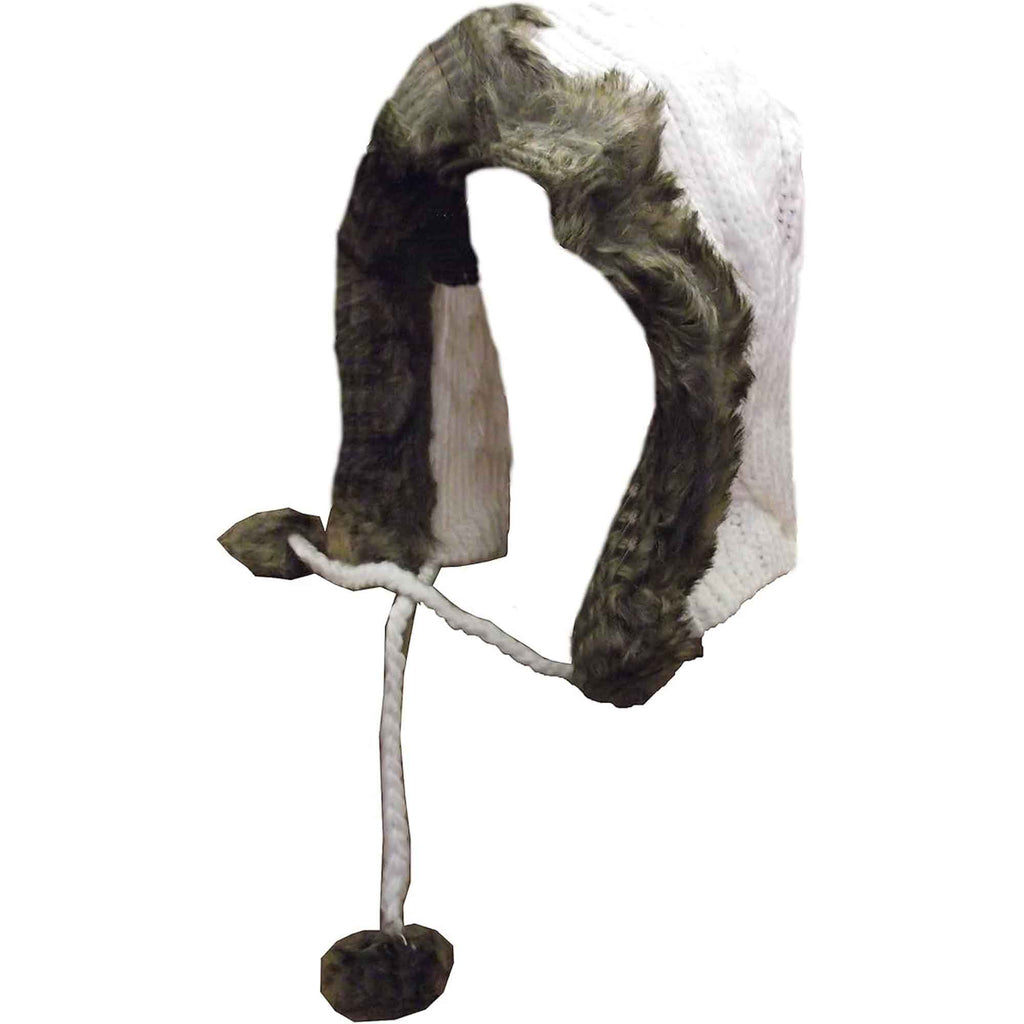 Women's Winter Chunky Knit Hood Hat with Faux Fur Trim and Pom Poms Warm Acrylic One Size Fits All in Cream Beige and Black