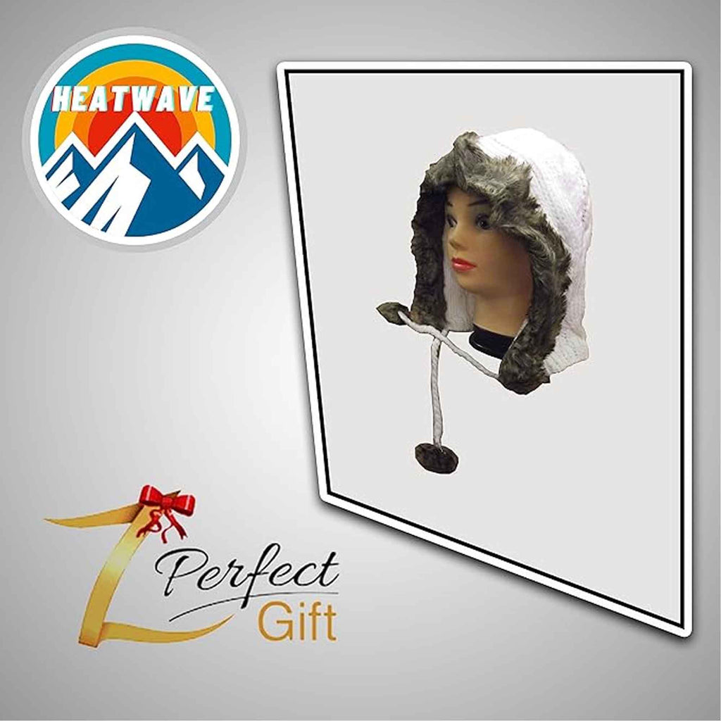 Women's Winter Chunky Knit Hood Hat with Faux Fur Trim and Pom Poms Warm Acrylic One Size Fits All in Cream Beige and Black