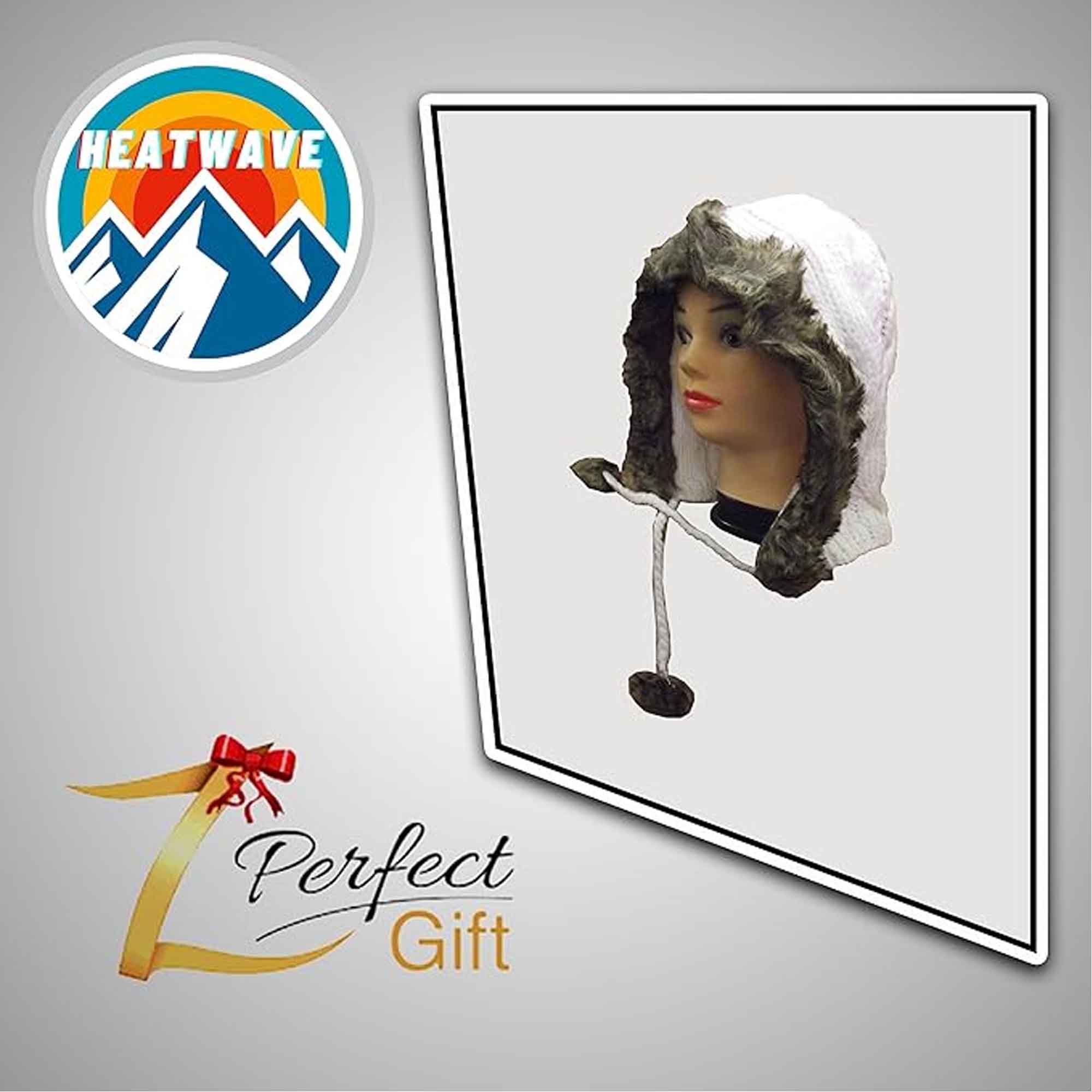 Women's Winter Chunky Knit Hood Hat with Faux Fur Trim and Pom Poms Warm Acrylic One Size Fits All in Cream Beige and Black