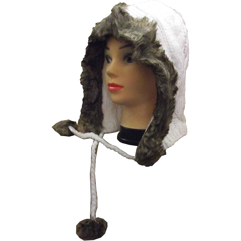 Women's Winter Chunky Knit Hood Hat with Faux Fur Trim and Pom Poms Warm Acrylic One Size Fits All in Cream Beige and Black