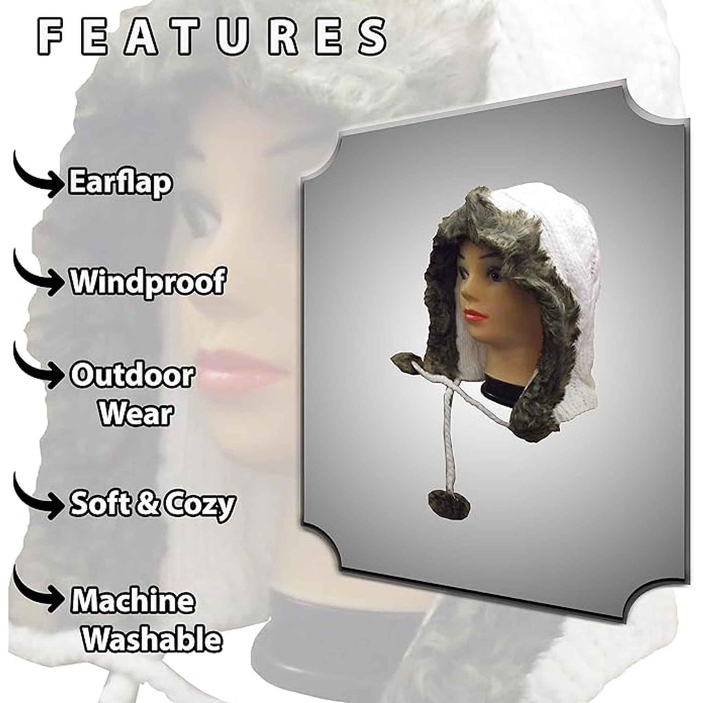 Women's Winter Chunky Knit Hood Hat with Faux Fur Trim and Pom Poms Warm Acrylic One Size Fits All in Cream Beige and Black