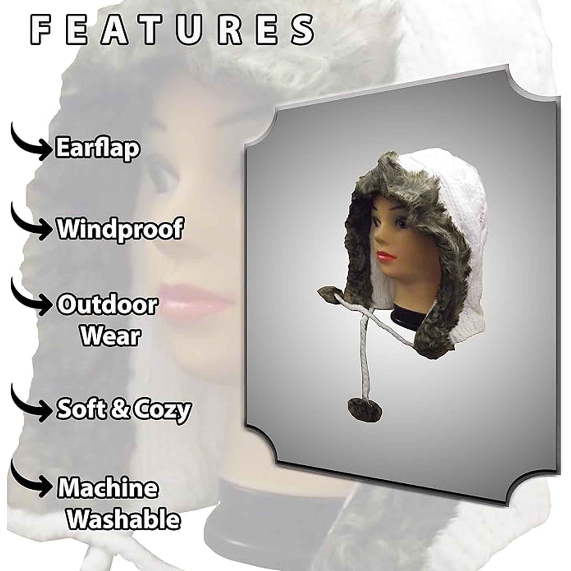 Women's Winter Chunky Knit Hood Hat with Faux Fur Trim and Pom Poms Warm Acrylic One Size Fits All in Cream Beige and Black