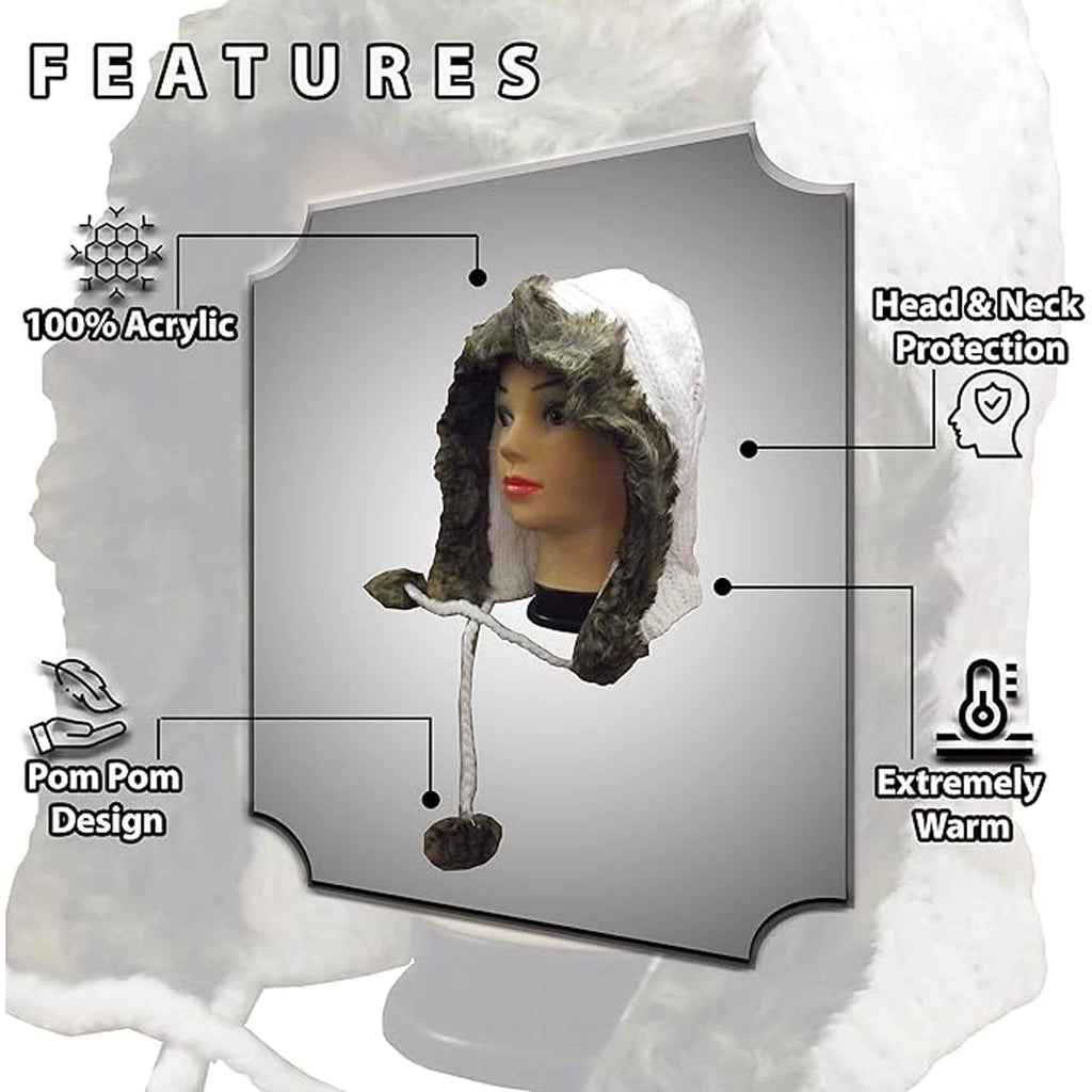 Women's Winter Chunky Knit Hood Hat with Faux Fur Trim and Pom Poms Warm Acrylic One Size Fits All in Cream Beige and Black