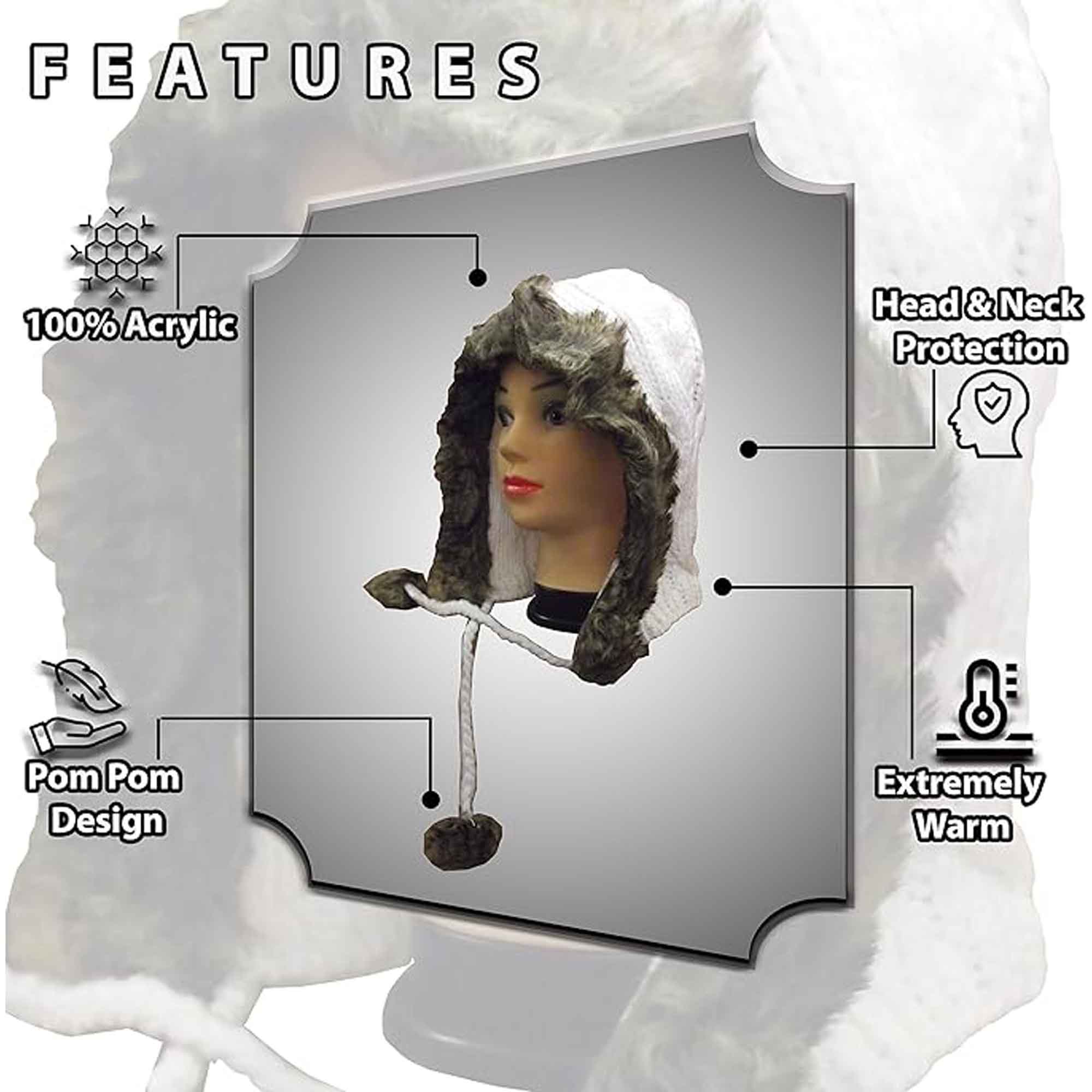 Women's Winter Chunky Knit Hood Hat with Faux Fur Trim and Pom Poms Warm Acrylic One Size Fits All in Cream Beige and Black