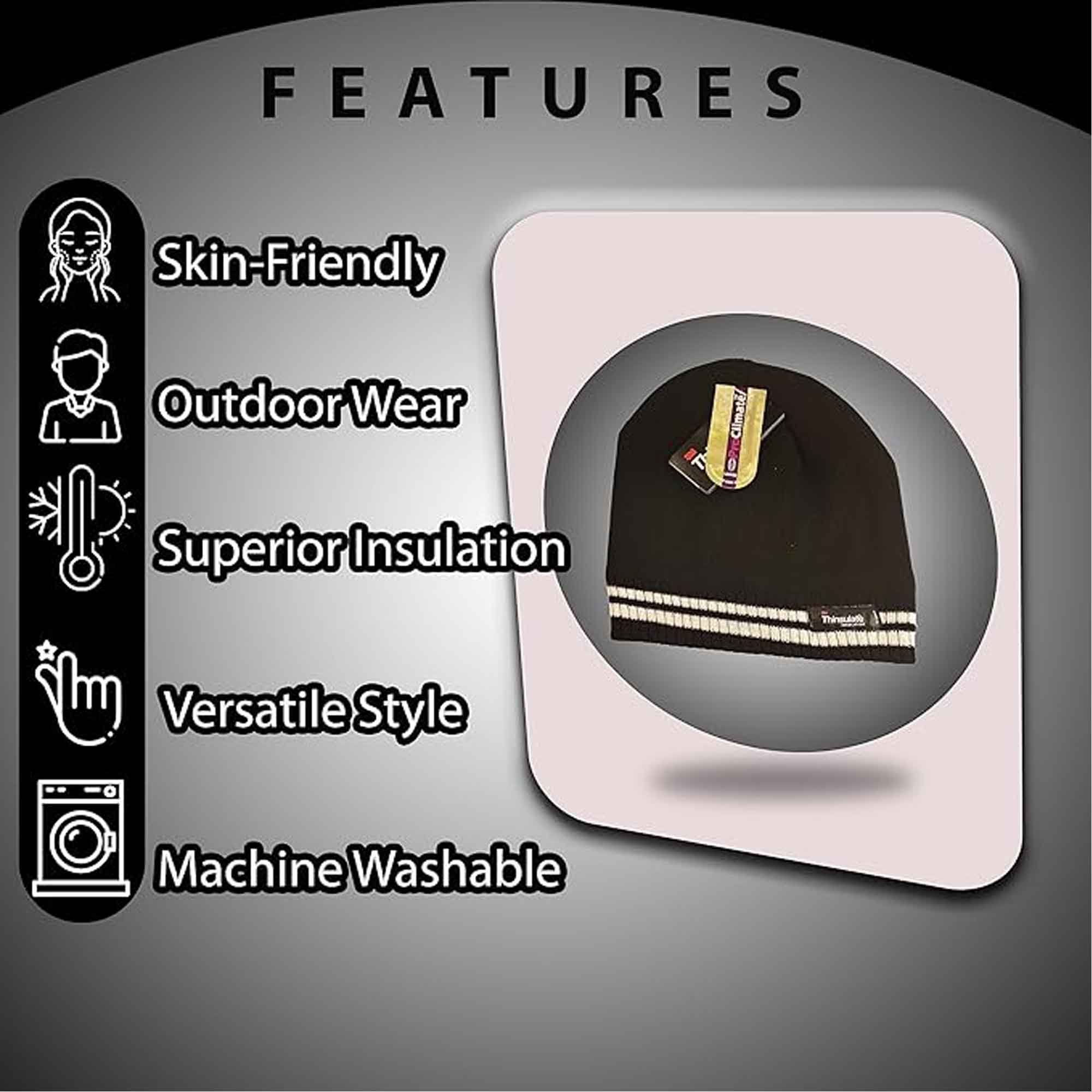 Women's Winter Thermal Beanie Hat with Striped Design and 3M Thinsulate Insulation Warm Acrylic Knit Cap for Cold Weather Fashion Black Red Navy Purple