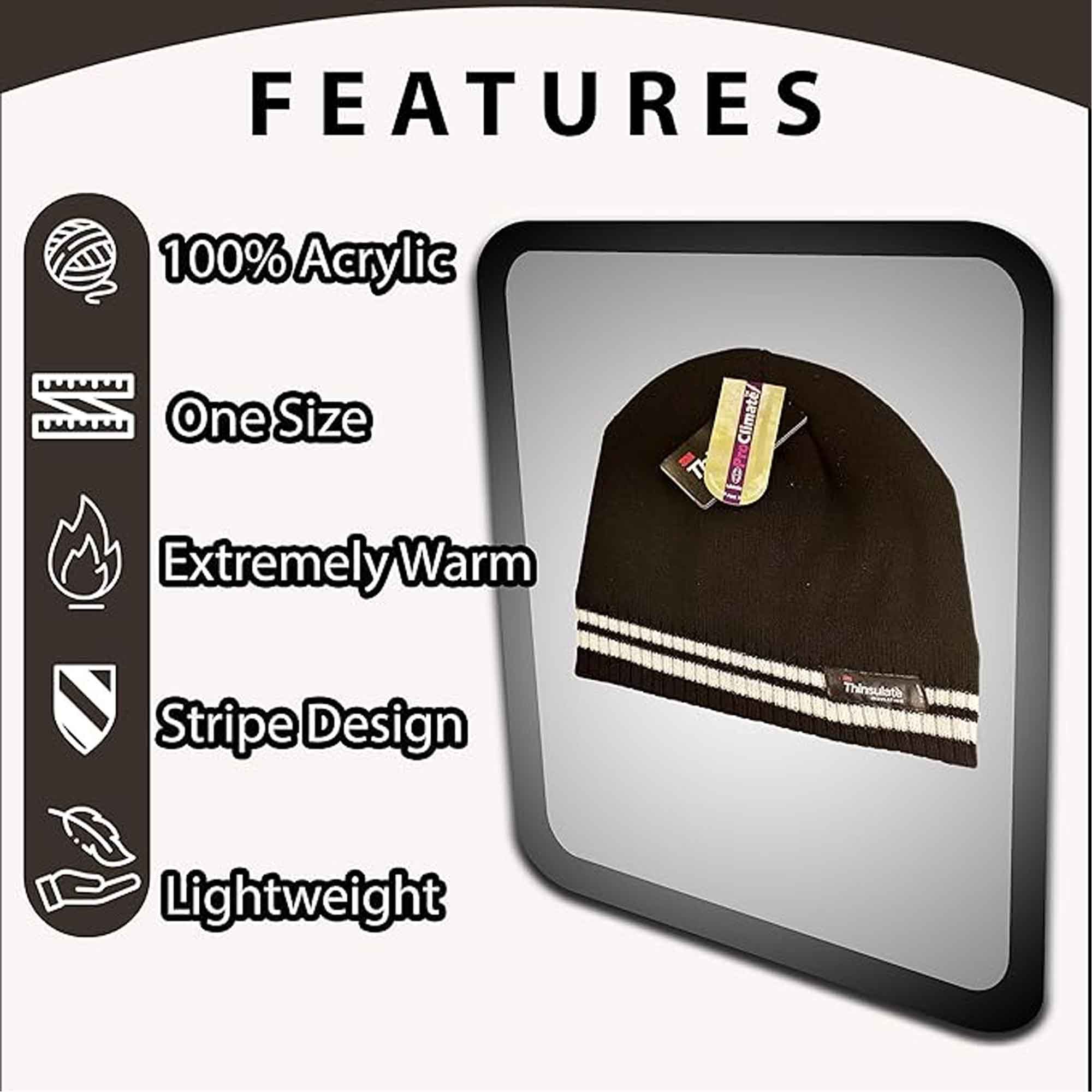 Women's Winter Thermal Beanie Hat with Striped Design and 3M Thinsulate Insulation Warm Acrylic Knit Cap for Cold Weather Fashion Black Red Navy Purple