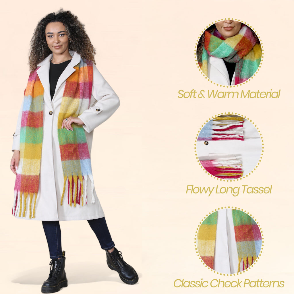 Women’s Yellow Burgundy Chunky Knit Bright Plaid Blanket Scarf Long Winter Wrap Warm Check Shawl with Tassels Gift for Ladies