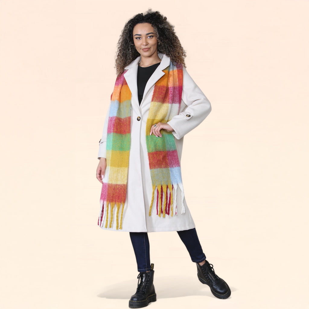 Women’s Yellow Burgundy Chunky Knit Bright Plaid Blanket Scarf Long Winter Wrap Warm Check Shawl with Tassels Gift for Ladies