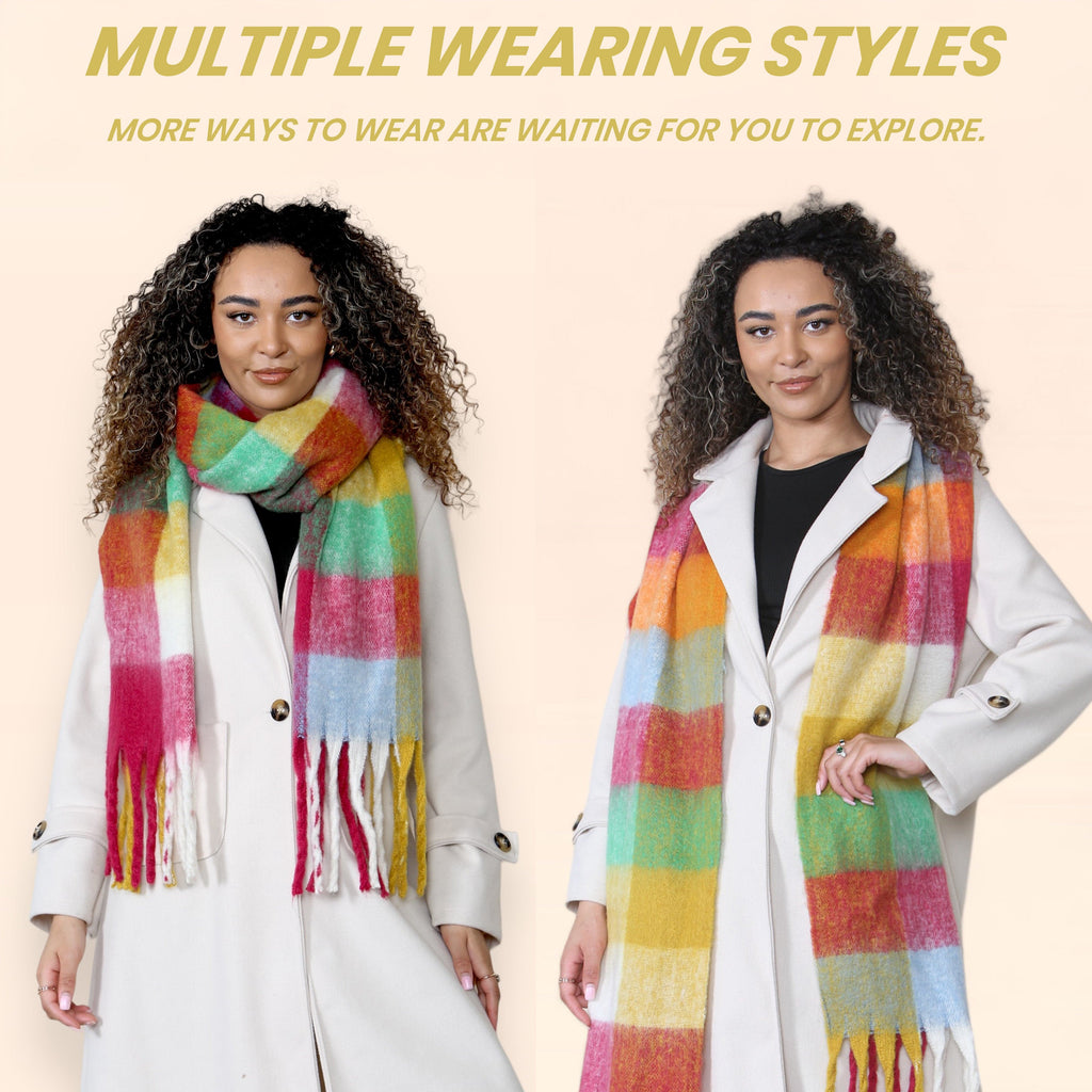 Women’s Yellow Burgundy Chunky Knit Bright Plaid Blanket Scarf Long Winter Wrap Warm Check Shawl with Tassels Gift for Ladies