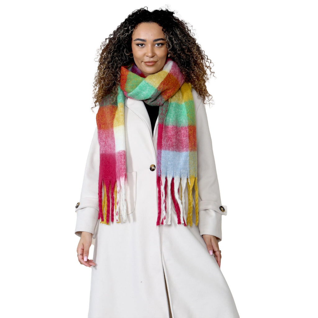 Women’s Yellow Burgundy Chunky Knit Bright Plaid Blanket Scarf Long Winter Wrap Warm Check Shawl with Tassels Gift for Ladies