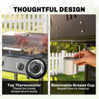 Gas grill detail: top thermometer and removable grease cup for easy cleanup