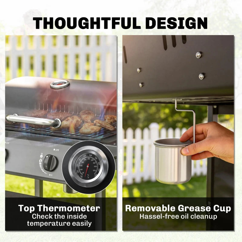 Gas grill detail: top thermometer and removable grease cup for easy cleanup