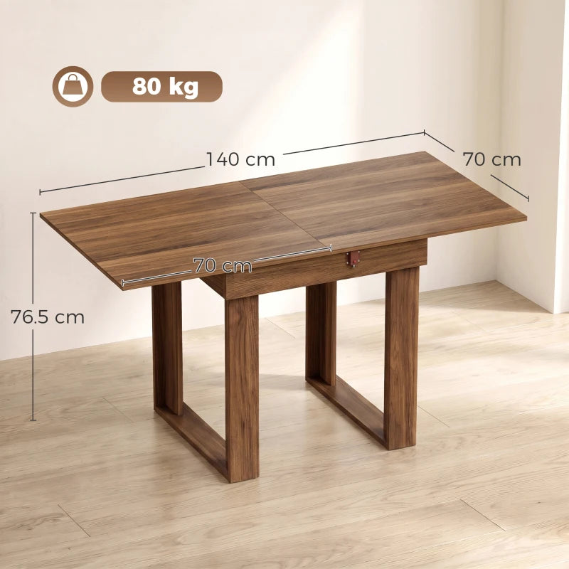 Extendable folding dining table with wood-effect top and storage drawer under rails