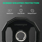 Black rubber Olympic bumper plate face with center steel ring and grip cut-outs.