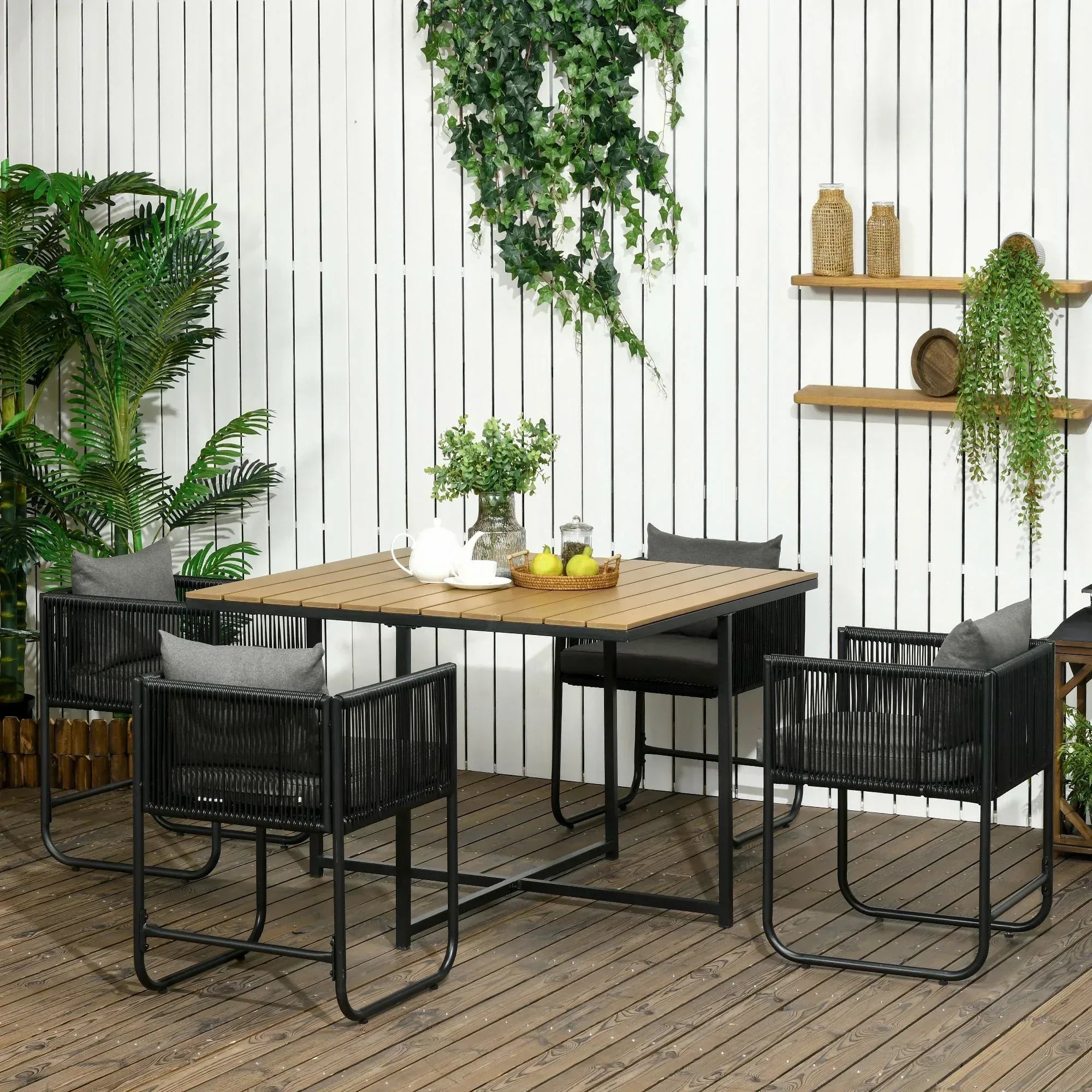 4 Seater Rattan Cube Garden Furniture Set, Rattan Dining Set with Cushions, Outdoor Dining Table and Chairs with Rectangular Wood Grain Plastic Top Table for Patio, Balcony, Black - Bobobiy