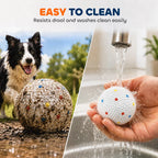 White dog ball with colorful speckles held in hand with water splashes