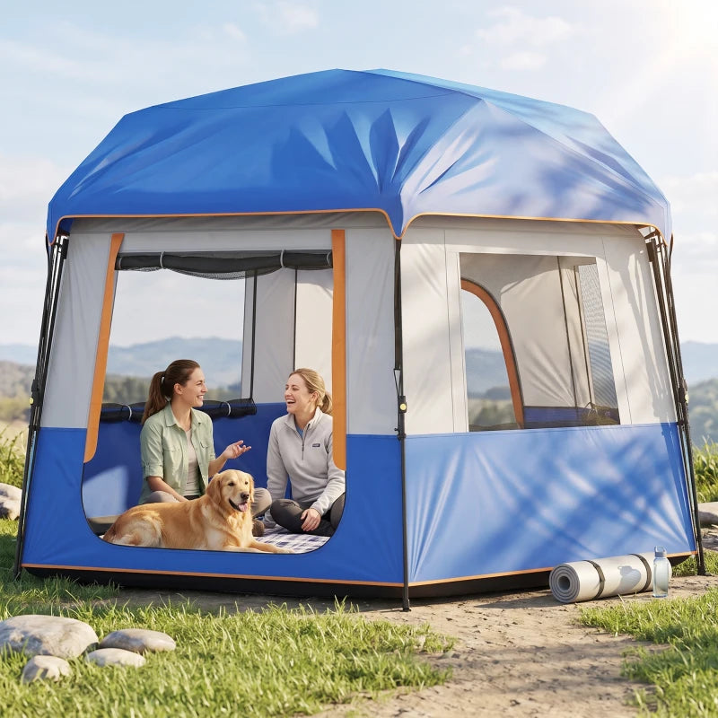 Blue cabin tent with open side panels and mesh windows, dog resting inside