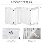 White foldable wooden pet gate with paw pattern panels and corner hinge sections