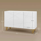 White sideboard with geometric panels and gold hairpin legs (dimensions shown)