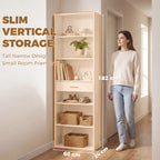 White slim vertical tall bookshelf with open shelves and drawer, next to person