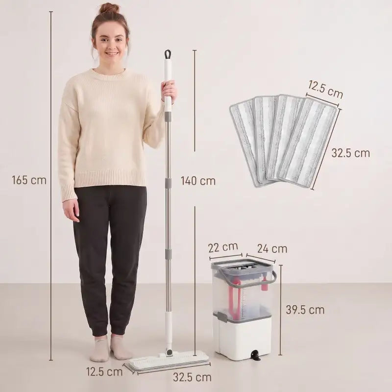 Flat mop with extendable handle and compact wringer bucket, white set with measurements