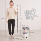 Flat mop with extendable handle and compact wringer bucket, white set with measurements