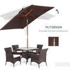 Brown tilting patio umbrella canopy with upright pole for outdoor table use