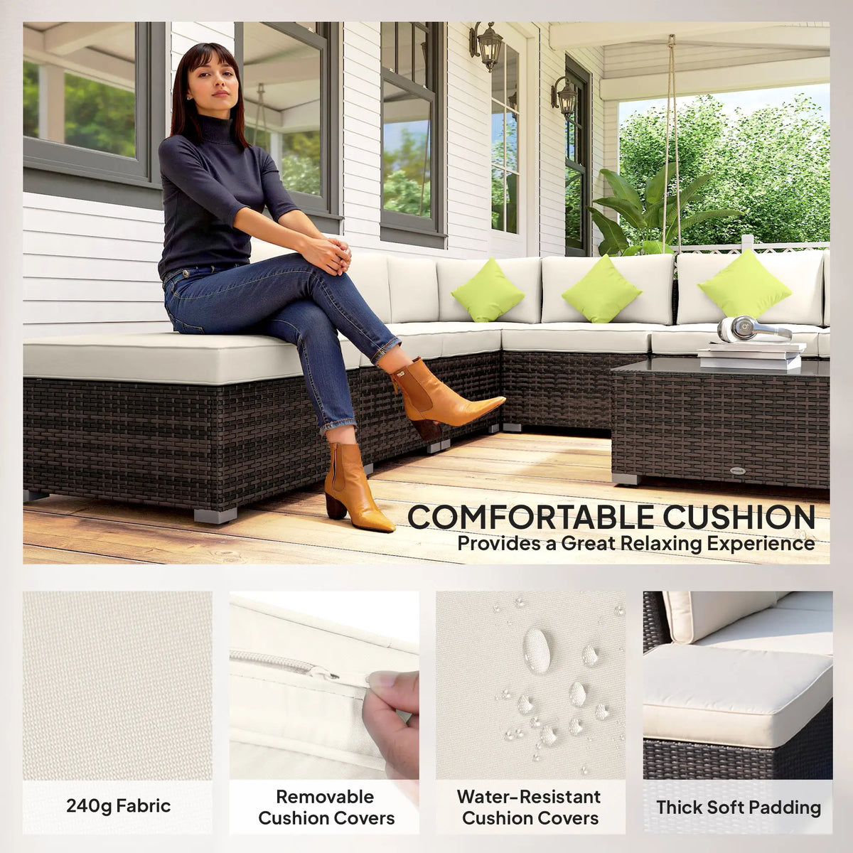 Brown rattan corner sofa with thick cream cushions and removable, water-resistant covers