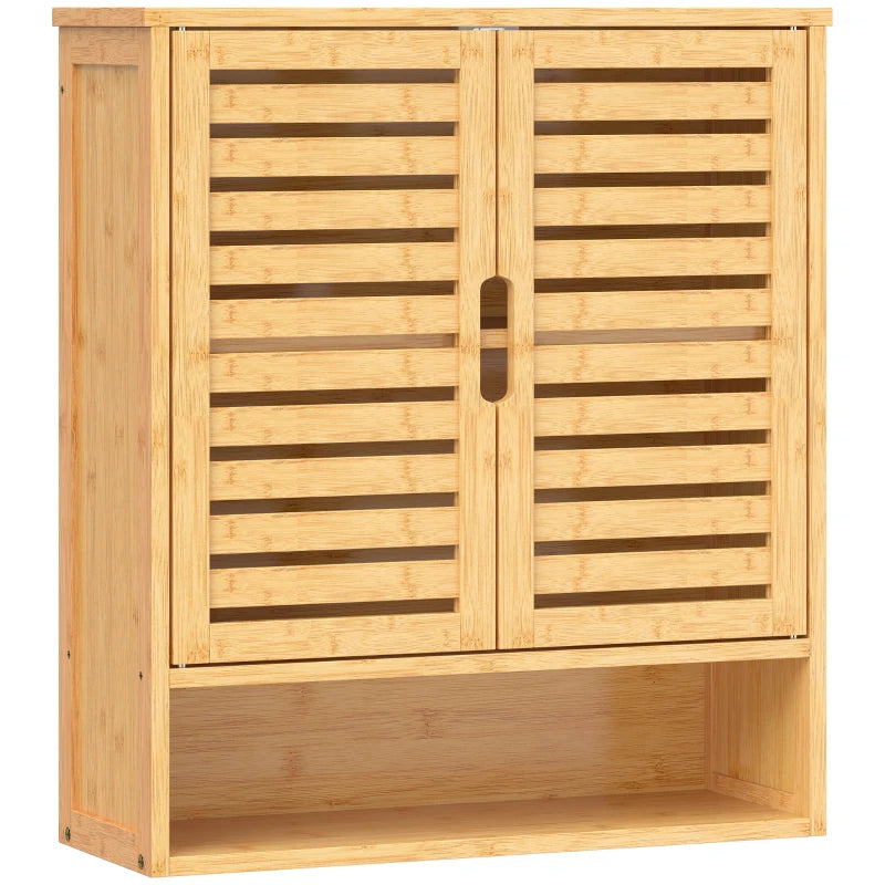 Oak bathroom wall cabinet with louvered double doors and lower open shelf