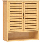 Oak bathroom wall cabinet with louvered double doors and lower open shelf
