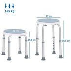 Light blue round shower stool with height-adjustable legs shown from multiple angles.