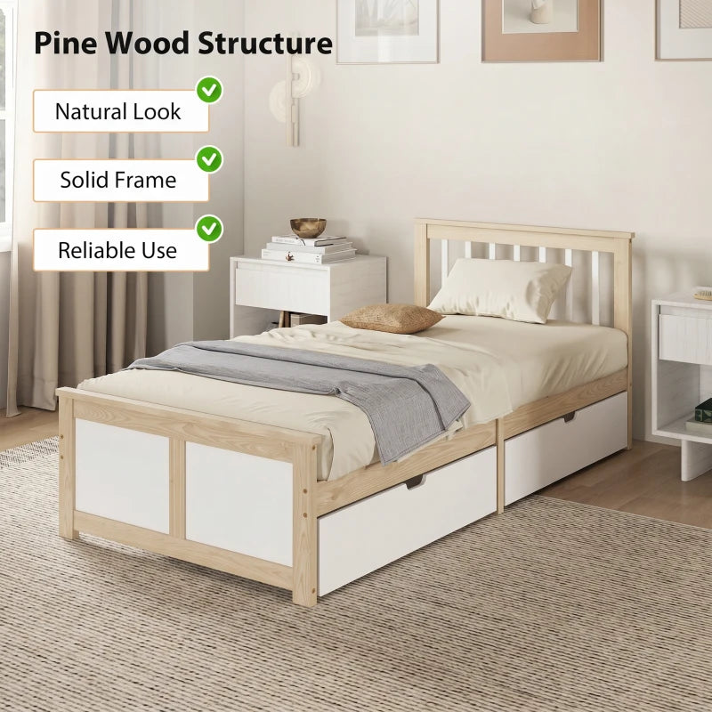 Pine wood storage bed with headboard and two drawer storage panels